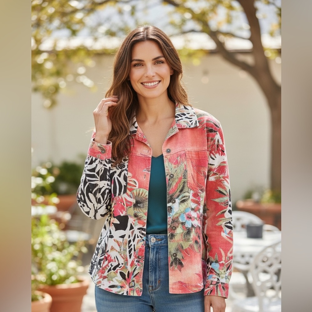 Chico's Multi-Color Tropical Floral 100% Linen Button-Up Shirt (NWOT)